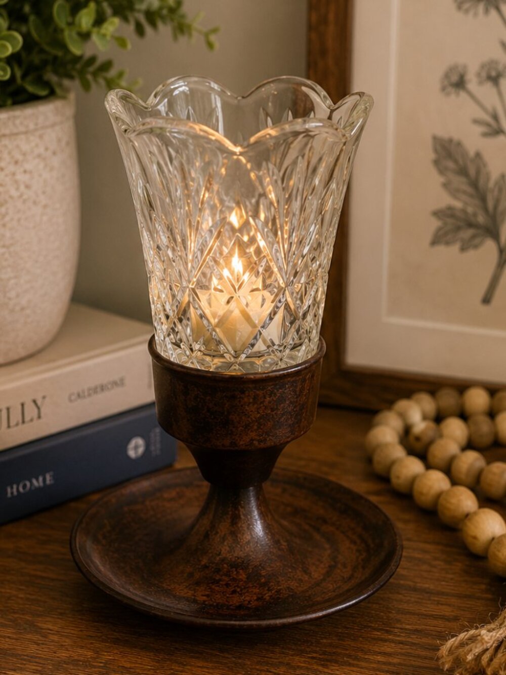 Vintage S.N.K. India Crystal Votive Candle Holder Faux Burl Wood Pedestal 6"